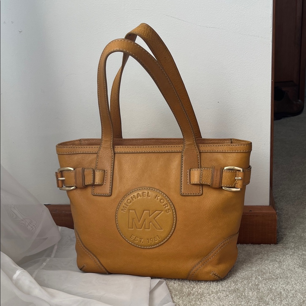Michael Kors Mustard Yellow Leather MK Emblem Shoulder Bag